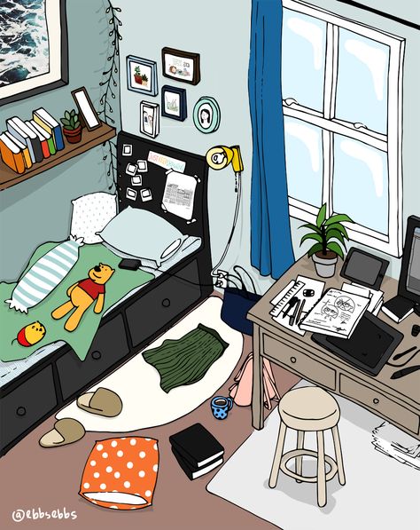 Messy Room Painting, Messy Room Illustration, Messy Room Drawing, Messy Clothes, Messy Bedroom, Bedroom Cartoon, Bedroom Illustration, Hostel Room, Anime Websites