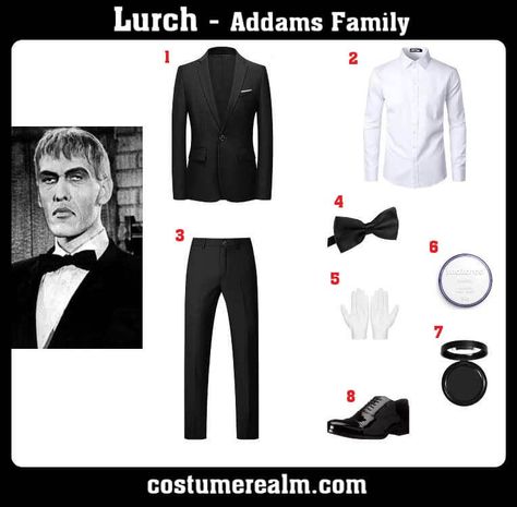 Dress Like Lurch Costume Guide For Halloween & Cosplay Lurch Costume, Addams Family Characters, Outfits Guide, White Face Paint, Family Cosplay, Addams Family Costumes, Costume Guide, Gomez And Morticia, Black Dress Jacket