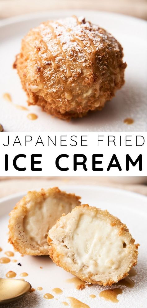 Tempura ice cream is a Japanese dessert with the perfect balance between hot and cold. Frozen ice cream balls are covered in tempura batter, then fried until golden brown and crispy. Each bite will leave you craving more! #tempuraicecream #friedicecream #veganicecream Boo Batter Ice Cream, Tempura Ice Cream, Fried Dessert Recipes, Deep Fried Ice Cream, Chinese Desert, Cream Deserts, Japanese Ice Cream, Fried Ice Cream Recipe, Ice Cream Balls