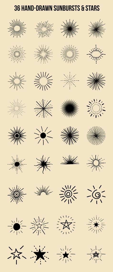 This is an awesome premium resource of 36 unique, hand-drawn sunbursts and stars in vector format.There are a total of 29 bursting sun rays and 7 star bursts illustrations in this volume.The download includes:~ 36 illustrations in Adobe Illustrator .… Tattoo Sonne, Tattoo Trend, Handpoke Tattoo, Star Illustration, Sun Tattoos, Geniale Tattoos, Poke Tattoo, Diy Tattoo, Sun Tattoo