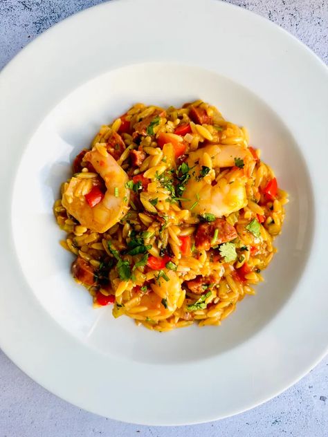 Chorizo & Prawn Orzotto - Best Recipes UK Prawn Orzo, Chorizo Pasta Recipes, Chorizo Pasta, Chilli Prawns, Arborio Rice, Orzo Pasta, A Match Made In Heaven, Match Made In Heaven, Made In Heaven