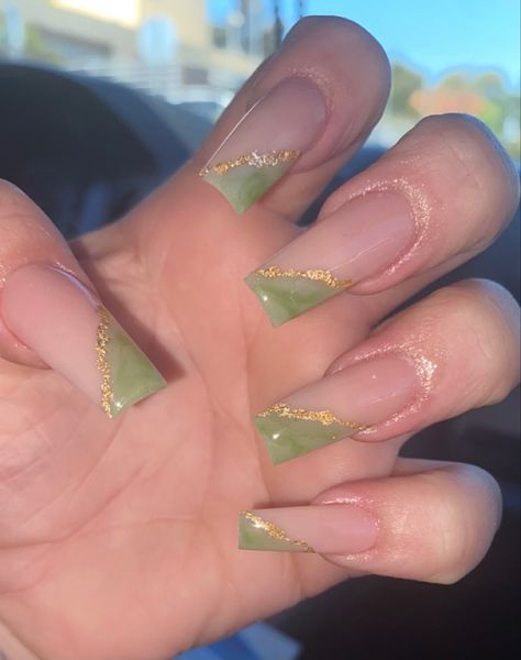 Birthday Nails Inspo Green, Sage Green Square Acrylic Nails, Green With Gold Flakes Nails, Green Acrylic Nails French Tip, French Tip Acrylic Nails Simple, Green Acrilyc Nails, Jade Green Acrylic Nails, Simple Acrylic Nails Long Square, Green Nails For Prom