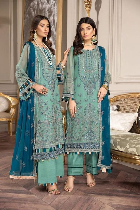 Pakistani Designer Clothes, Embellished Shirt, Chiffon Sleeves, Pakistani Salwar Kameez, Embroidered Sleeves, Chiffon Collection, Embroidered Chiffon, Silk Trousers, Shalwar Kameez