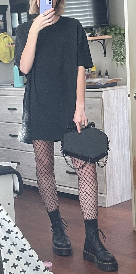 Edgy T Shirt Outfit, Overalls Outfit With Doc Martens, All White Dr Martens Outfit, Edgy Fishnet Outfit, Black Dress With Flannel Outfit, Fishnets And Docs Outfit, Doc Martens Outfit Mini Skirt, Doc Martens Fishnets Outfit, Heart Buckle Doc Martens Outfit