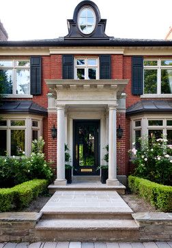 Stunning Front Door Ideas: Add a Portico! 20 Gorgeous Entryways! | The Well Appointed House Blog: Living the Well Appointed Life Portico Entry, Double Door Entryway, Georgian Architecture, Bay Windows, Forest Hill, Windows Exterior, Window Styles, Front Entrances, Exterior Paint Colors