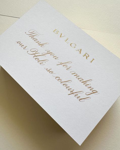 Wrote these for Bvlgari, A Roman Holi Celebration at Antilia last weekend. Also made beautiful Calligraphy Name tags for guest along with these thank you notes. I don’t have picture of name tags, but you can see some of them in my story highlights. ❤️ . #bvlgari #calligraphynotes #onsitecalligraphy #mumbaionsitecalligrapher #calligrapher Holi Celebration, Calligraphy Name, Beautiful Calligraphy, Story Highlights, Thank You Notes, Name Tags, My Story, Calligraphy, Highlights