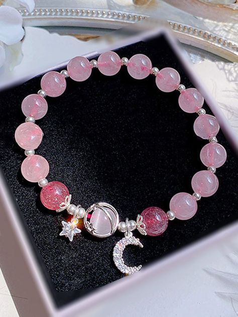 1pc Pink Ins Style Moon & Star Beaded Bracelet Suitable For Women's Daily WearI discovered amazing products on SHEIN.com, come check them out! Cute Pink Bracelets, Star Beaded Bracelet, Girly Bracelets, Bracelets Pink, Crystal Bead Jewelry, Gelang Manik-manik, Pretty Jewelry Necklaces, Cute Bracelet, Bracelet Craft Diy