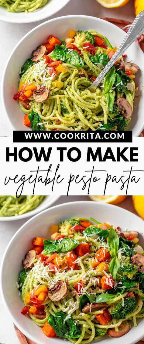 Vegan Veggie Pasta Recipes, Shrimp And Veggie Pesto Pasta, Veg Pesto Pasta Recipes, Pesto Pasta And Veggies, Pesto Pasta Veggies, Pasta Primavera With Pesto, Veg Pesto Pasta, Vegetarian Pesto Pasta Recipes, Pesto Pasta Vegetables