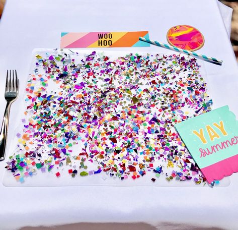 Placemat Tutorial, Hosting Parties, Festive Tablescape, Adult Party Themes, Diy Confetti, Rainbow Confetti, Summer Party Themes, Kid Parties, Class Decor