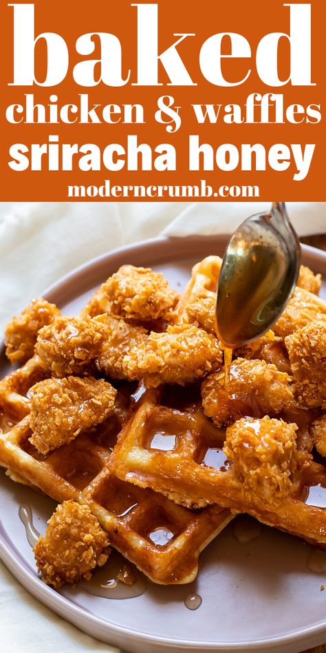 Healthy Chicken And Waffles, Baked Chicken And Waffles Recipe, Baked Chicken And Waffles, Chicken And Waffles Recipe Easy, Homemade Chicken And Waffles, Waffle Brunch, Baked Crispy Chicken, Crispy Chicken Nuggets, Homemade Sriracha