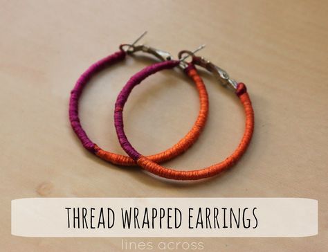 "Lines Across": Makeover Hoop Earrings - fix your tarnished hoops with embroidery floss Embroidery Floss Crafts, Diy Macrame Earrings, Hoop Earrings Diy, Mod Earrings, Thread Earrings, Repurposed Jewelry, Macrame Earrings, Earrings Diy, Diy Macrame