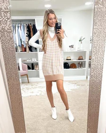 Cutest way to wear the sweater vest trend. Wearing small tall. White booties #LTKstyletip #LTKshoecrush #LTKunder100 Sweater Vest Dress Outfit, Vest Dress Outfit, Sweater Vest Dress, Cream Outfit, White Booties, Beige Sweater, Cream Dress, Vest Dress, Sweater Vest