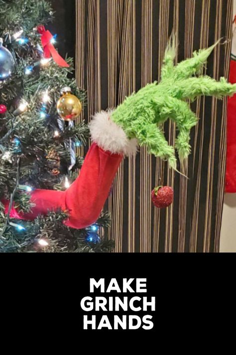 How to Make Grinch Hands Grinch Pool Noodles, Diy Grinch Hand For Tree, Diy Grinch Arm For Tree, Diy Grinch Hand With Ornament, How To Make A Grinch Hand, Grinch Arm With Ornament Diy, Diy Grinch Christmas Decorations Ideas, Grinch Arm With Ornament, Diy Grinch Hand