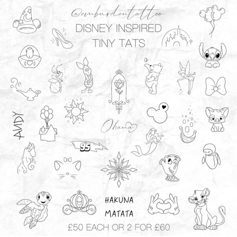 Disney Inspired Tiny Tattoos, One Line Disney Tattoo, Disney Minimal Tattoo, Disney Sticker Sleeve Tattoo, Chip From Beauty And The Beast Tattoo, Minimalist Disney Tattoo Simple, Fine Line Tinkerbell Tattoo, Disney Tiny Tattoo Ideas, Grinch Tattoo Ideas Small Simple