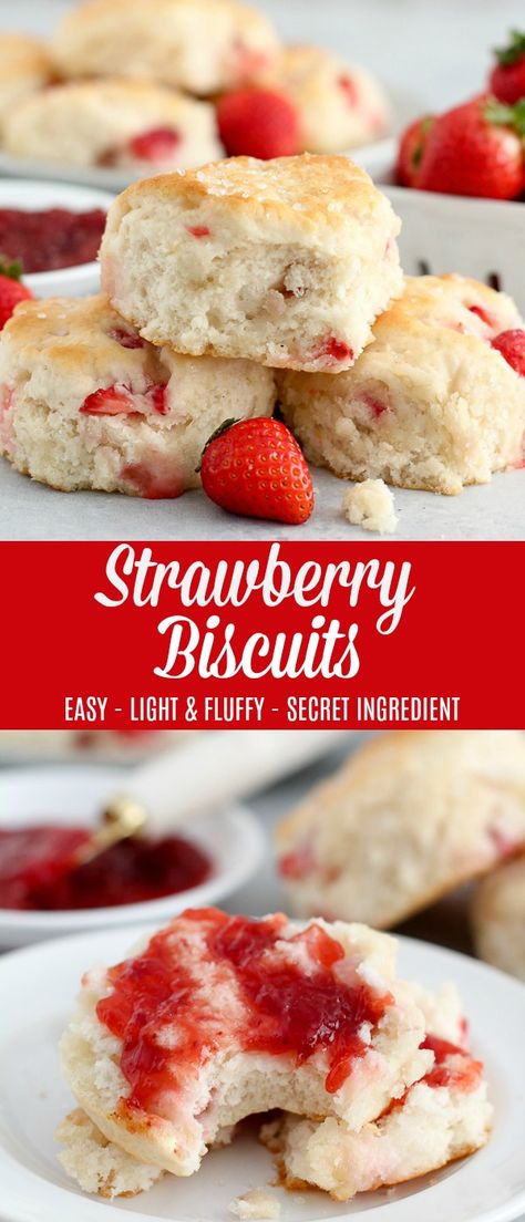 Tender and fluffy biscuits filled with fresh strawberries. Check out the secret ingredient in this easy biscuit recipe! #biscuits #strawberries #baking #breakfast #JustAdd7UP #ad Strawberry Cream Cheese Biscuits, Strawberry Buiscits, Strawberry Buttermilk Biscuits, Strawberries And Biscuits, What To Eat With Biscuits For Dinner, Flavored Biscuits Homemade, Strawberry Breakfast Cookies, Strawberry Biscuits Recipe Easy, Fruit Biscuits Recipe