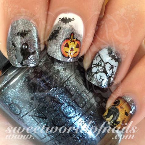 Halloween Nail Art Scary cat bats tree ghost Nail Water Decals Transfers Wraps Nursing Nails, Halloween Naildesign, Ambre Nails, Ghost Nail, Do It Yourself Nails, Art Scary, Cotton Candy Nails, Paint Nails, Nail Water Decals