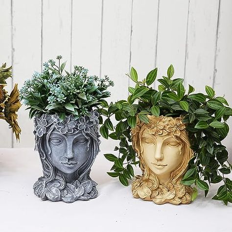 ☺ MATERIAL~ This goddess head planter is made of high quality durable resin for indoor/outdoor use, which will not rot or become brittle with time, nor will it be damaged by long-term rainfall or humidity. Resin Face, Face Flower, Planter Indoor, Greenhouse Plants, Face Planters, Cement Planters, Head Planters, Goddess Statue, Succulents In Containers