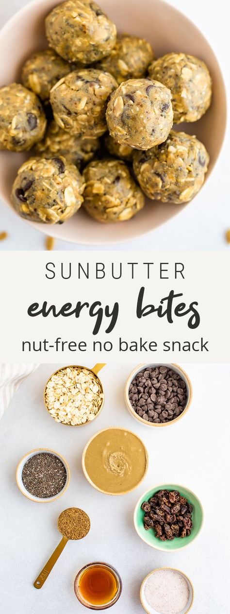 Made with rolled oats, sunflower butter and a little maple syrup these healthy no bake sunbutter energy bites are packed with flavor and kid-approved. They’re also nut-free so they’re school-safe! Protein Balls Sunflower Butter, Sunflower Butter Recipes Healthy Snacks, Sunflower Butter Energy Balls, Sunflower Butter Snacks, Sunflower Butter Balls, Sun Butter Energy Balls, Sunbutter Energy Balls, Sun Butter Balls, Recipes With Sunflower Butter