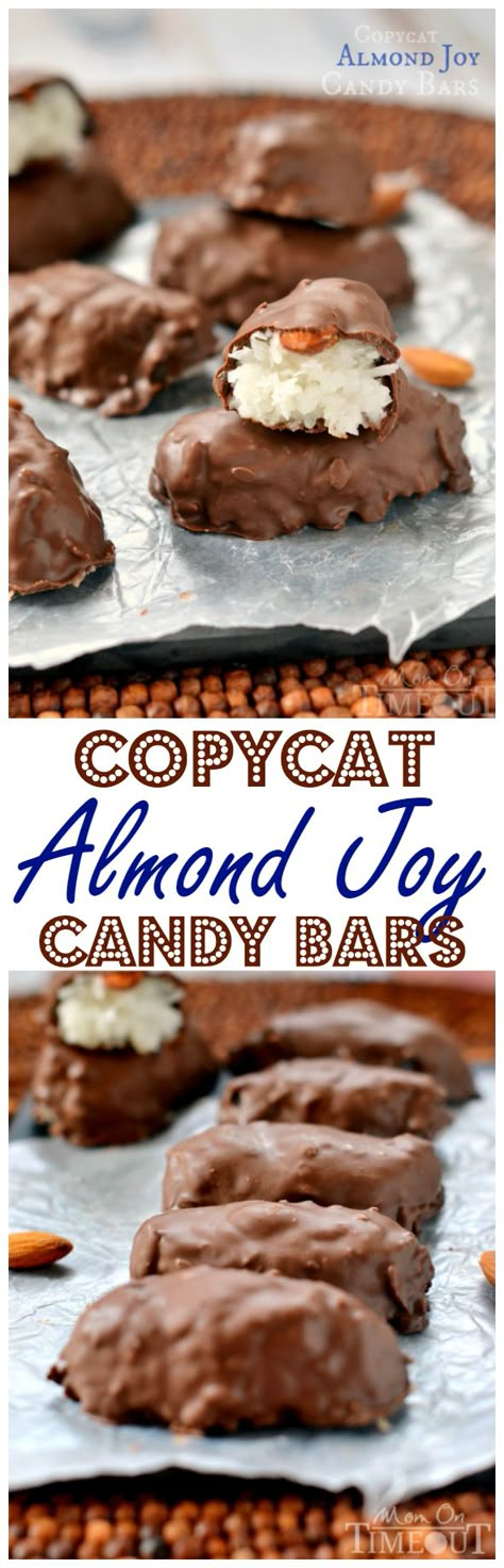 Easily make your own Almond Joy Candy Bars at home! | MomOnTimeout.com | #copycat #candy #recipe #chocolate Almond Joy Candy Bars, Almond Joys, Almond Joy Candy, Bars At Home, Chocolate Candy Bars, Coconut Dessert, Diy Easy Recipes, Homemade Candy, Candy Recipe