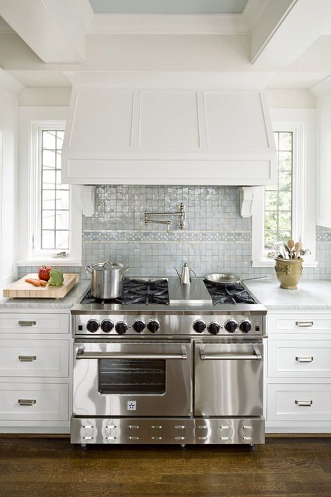 Kitchen with windows beside stove Blue Backsplash, Herringbone Backsplash, Modern Renovation, Young House Love, Kitchen Hoods, Classic Kitchen, Kitchen Stove, Dream Kitchens, Range Hoods