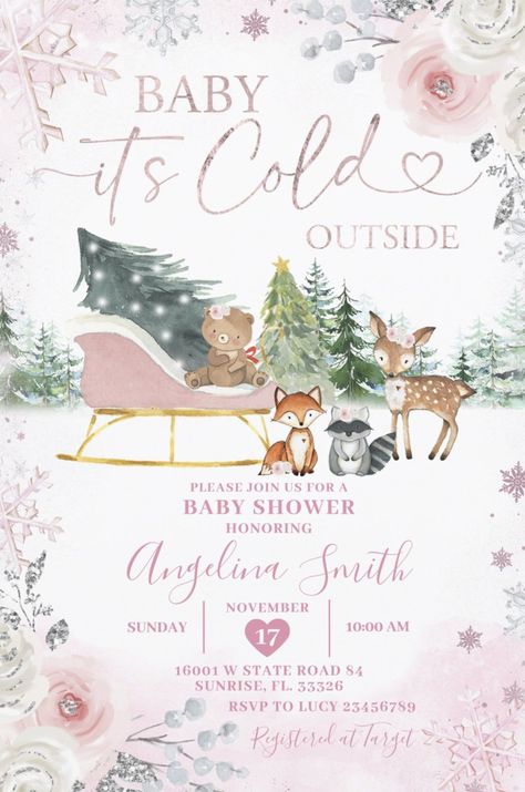 Cute Winter Woodland Forest Animals Baby Shower Invitations for Girls Winter Pink Baby Shower Ideas, Winterwonder Land Baby Shower Theme Girl, Girl Christmas Baby Shower Ideas, Winter Themed Baby Shower Ideas Girl, Baby Girl Shower Themes Winter, Baby Its Cold Outside Baby Shower Ideas Pink, Baby Shower Ideas January, December Baby Shower Ideas Girl, Winter Baby Girl Shower Ideas