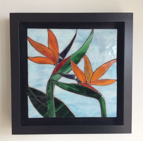 Bird Of Paradise Stained Glass Window, Stained Glass Bird Of Paradise, Dragonfly Mosaic, Palm Frond Art, Bird Of Paradise Flower, Bird Of Paradise Plant, Glass Painting Patterns, Birds Of Paradise Flower, Mosaic Birds