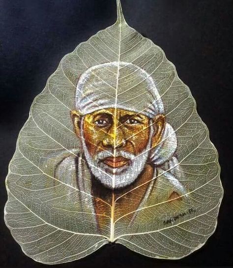 Baba painting on peepal leaf......... Peepal Leaf Art, Sia Ram, Peepal Leaf, Paintings Diy, Leaf Art Diy, Dry Leaf Art, Leaf Print Art, Simple Flower Drawing, Leaf Skeleton