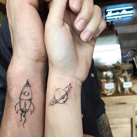 #matchingtattoos @fani.art #spacetattoo #spaceship #planets #couplegoals #coupletattoo Pair Tattoos, Rocket Tattoo, Matching Friend Tattoos, Tatuagem Masculina Pequena, Astronaut Tattoo, M Tattoos, Literary Tattoos, Triangle Tattoos, Nautical Tattoo