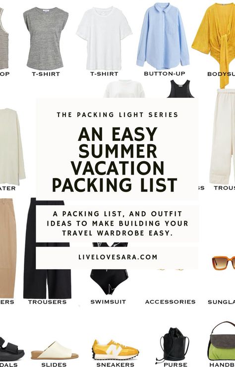 A white background with the image with a visual list of 20 items to pack for a summer vacation. In the middle is a white box with the words, "An Easy Summer Vacation Packing List." 10 Day Capsule Wardrobe Travel Light, Two Week Packing List Summer, 10 Day Summer Packing List, 3 Week Packing List Summer, 10 Day Holiday Packing List, Sight Seeing Outfit Summer Europe, Minimalist Packing List 1 Week Summer, 2 Weeks In A Carry On Summer, 3 Day Trip Packing List Summer