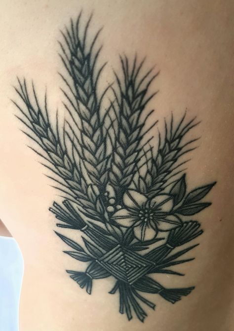 Wheat and St Brigids Cross Tattoo #wheattattoo #StBrigidsCross #ForgetMeNotFlower Imbolc Tattoo, St Brigid Tattoo, Goddess Brigid Tattoo, St Brigid Cross Tattoo, Brigid Tattoo, Imbolc Brigid, Liam Tattoo, Birth Tattoo, Brigids Cross