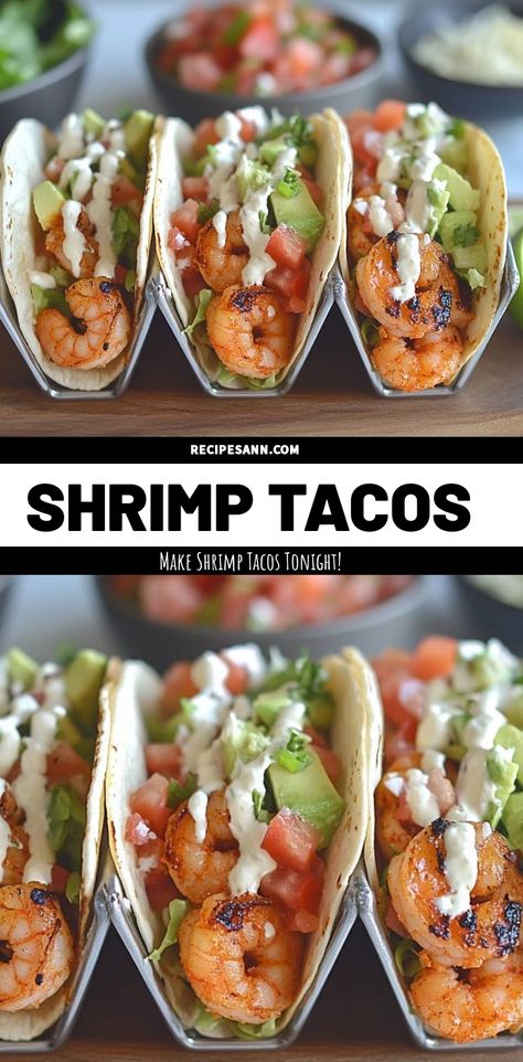 Tonight's dinner is all about these mouthwatering Shrimp Tacos! I love how easy they are to make and how they burst with flavor. Loaded with succulent shrimp, fresh veggies, and a drizzle of creamy sauce, these tacos will definitely become a family favorite. Get ready to impress your taste buds! Shrimp Taco Recipes Easy, Low Calorie Shrimp Tacos, Shrimp Taco Sauce, Shrimp Taco Recipe, Taco Sauce Recipes, Shrimp Tacos Recipe, Shrimp Tacos Easy, Tacos Recipes, Shrimp Taco