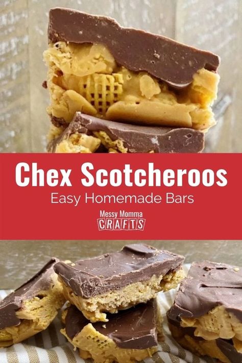 These Chex Scotcheroos are made with peanut butter, butterscotch and chocolate. Make this easy homemade bar treat for your kids to enjoy. Find the recipe on Messy Momma Crafts. #MessyMommaCrafts Peanut Butter Scotcheroos, Chex Peanut Butter Bars, Chex Scotcheroos Recipe, Chex Scotcheroos, Chex Bars, Scotcheroos Recipe, Homemade Bars, Chocolate Chex, Homemade Bar