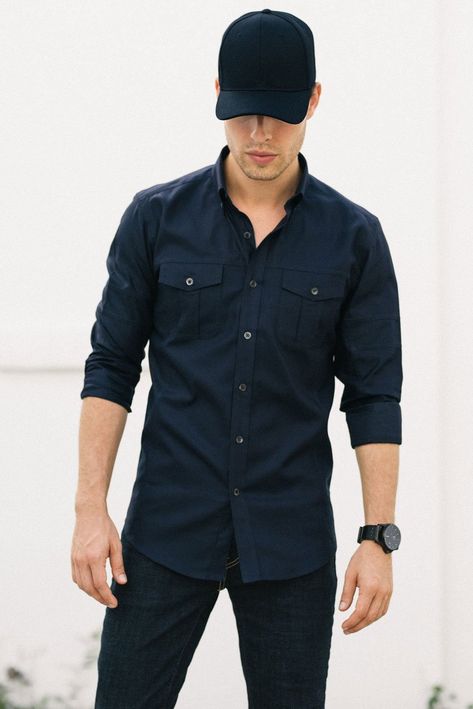 Navy Blue Shirt Outfit Mens Casual, Navy Shirt Outfit Men, Dark Blue Shirt Outfit Men, Navy Blue Shirt Outfit Mens, Button Down Shirt Outfit Men, Military Style Collared Shirt For Workwear, Blue Tee Outfit, Navy Blue Shirt Outfit, Edgy Outfits Men