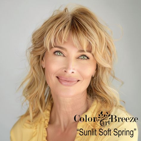 A mature Sunlit Soft Spring wearing soft golden yellow blouse. Soft Spring Palette, Color Seasons, Colour Analysis, Clear Spring, Soft Spring, Spring Palette, Spring Color Palette, Personal Color, Personal Image