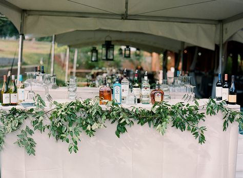 Bar with Greenery Garland Bar With Greenery, Rustic Wedding Bar, Greenery Runner, Wedding Food Table, Rustic Elegant Wedding, Greenery Decor, Elizabeth Anne, Sustainable Community, Greenery Garland