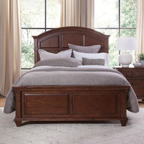 PRICES MAY VARY. Cinnamon Cherry Hardwood solids and mango veneers, MDF Vintage-Inspired Panel Bed Arched panel headboard Low footboard The Sedona Bedroom Collection is trending for a look that is rustic yet refined. The distressed antique cinnamon cherry finish with rub through and detailed molding creates a sense of vintage charm in an up to date style. You will rest easy in the Sedona King Bed against the backdrop of the beautiful arched headboard featuring a multi-paneled design. Design deta Wooden Bed Headboard Design, Thick Crown Molding, Wooden Bed Headboard, Rustic Bed, 5 Piece Bedroom Set, Bed Headboard Design, Three Drawer Nightstand, Arched Headboard, King Size Headboard