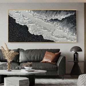 White Textured Walls Living Room, Textured Canvas Art Materials, Black Beach Painting, Minimalist Wall Art Bedroom, Black Textured Painting, Bedroom Paintings Canvas Wall Art, Textured Canvas Art Abstract, Black Textured Art, Black And White Canvas Painting