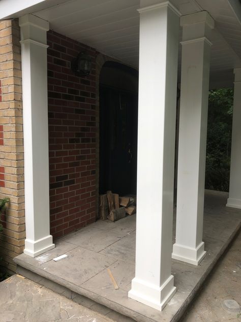 We installed these square fiberglass columns onto new concrete, custom bases added for good measure. A lot of work but well worth the effort. House Pillar Design, Porch Column Wraps, Front Porch Pillars, Porch Pillars, Fiberglass Columns, House Columns, Exterior Columns, Front Porch Columns, Porch Supports