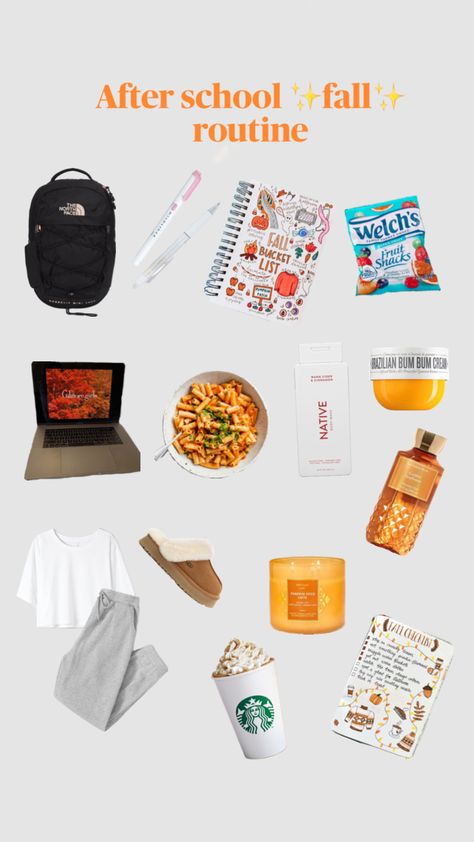 Fall routine!🍁 #fall #fallaesthetic #aestheticboard #aesthetic #routine #school #preppy #cozy Fall Routine, Snack Bucket, Fall Checklist, Aesthetic Routine, Routine School, School Preppy, Snacks List, Fruit List, After School Routine