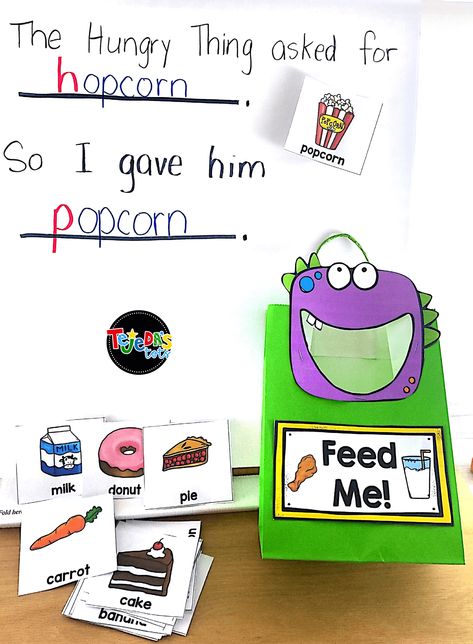 Free activities to go with the book The Hungry Thing by Jan Slepian. Perfect fr practicing phonemic awareness and rhyming at the beginning of the school year! Read this blog post to learn how to make a class book based on the story and get a freebie. #tejedastots #beginningoftheyear Rhyming Games For Preschoolers, First Grade Rhyming Activities, Phonological Awareness Activities Prek, Preschool Phonemic Awareness, Preschool Rhyming, Letters Activity, Phonemic Awareness Games, Rhyming Preschool, Rhyming Games