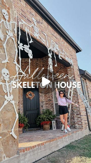 Katie Maynard • SimplyKatieLynn on Instagram: "Comment SIMPLY for the details and links! 

Skeleton house > pumpkin arch 🤣👻🎃 & they were $10!!!

Our pumpkin arch fell so many times last year that the thought of putting it back up made me 💀💀 These skeletons are lightweight and come in four colors! This was a million times easier than a pumpkin arch 🤣

#halloween #halloweenhome #halloweendecor #diyhome #homeimprovement #homerenovation #halloweendecorations #skeletonhome #skeletons #amazonhome #diy #howto #targethome" Skeleton House, Pumpkin Arch, House Pumpkin, Halloween Entryway, Pumpkin Skeleton, Halloween Outdoor, Florida House, Halloween Skeleton, Outdoor Decorations