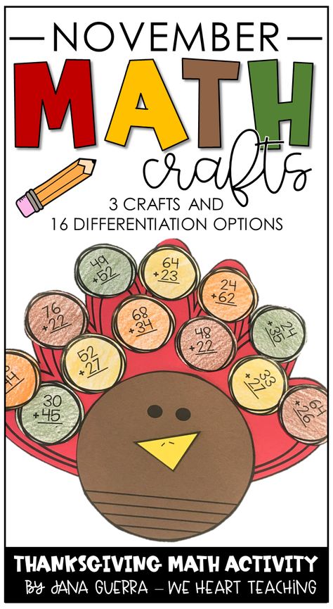 These November math crafts make the perfect Thanksgiving bulletin board and work great as independent work or a center! Easily differentiate for your students with addition, subtraction, 2 digit and 3 digit addition and subtraction, multiplication, and division choices. Choose from a turkey, pilgrim hat, or corn craft, or do all three! Perfect Thanksgiving math activity for kinder, 1st, 2nd, 3rd, or 4th grades! 2nd Grade Math Craftivity, Fall Math Crafts For Second Grade, Math Turkey Activity, November Crafts For 1st Grade, November 3rd Grade Activities, 3rd Grade Math Crafts, November 2nd Grade Activities, Math Crafts 2nd Grade, Thanksgiving Math Bulletin Boards