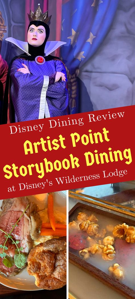 Artist Point Storybook Character Dining Review, a Disney World dining experience where you meet a Disney Villain and eat a three-course meal. #disneydining #disneyfood #disneyvacation #disneycharacters #snowwhite #theevilqueen #wildernesslodge #disneyworld #wdw Storybook Dining At Artist Point, Disney World Dining, Trio Of Desserts, Three Course Meal, Disney Wilderness Lodge, Artist Character, White Cranberry Juice, Apple Drinks, Character Dining