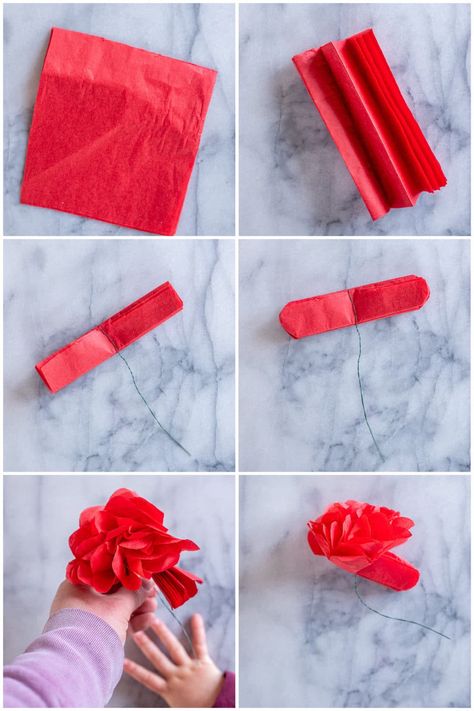 Get step by step directions on exactly how to make the perfect Tissue Paper Roses! They're a fun and beautiful kid friendly craft and they're perfect for Valentine's Day! You can make whatever color you like! #kidscrafts #valentinesday #valentinesdaycrafts #tissuepaper #tissuepaercrafts Rose Preschool Craft, Making A Rose Out Of Tissue Paper, Small Tissue Paper Flowers Diy, How To Make A Rose Out Of Tissue Paper, Roses Out Of Tissue Paper, How To Make Tissue Paper Roses, Tissue Paper Roses Diy Easy, How To Make Paper Roses Step By Step, Tissue Paper Roses Diy