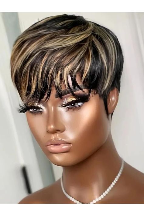 Highlight Blonde Pixie Cut Human Hair Wigs for Black Women Glueless Wear and Go Wig Short Wavy Layered Pixie Wig with Bangs Short Straight Bob Wig for Daily Use 1B27 Pixie Cut Human Hair Wigs, Highlight Blonde, Layered Pixie, Straight Bob Wig, Short Straight Bob, Blonde Pixie Cut, Pixie Wig, Wig Hairstyles Ideas, Hair Wigs For Black Women