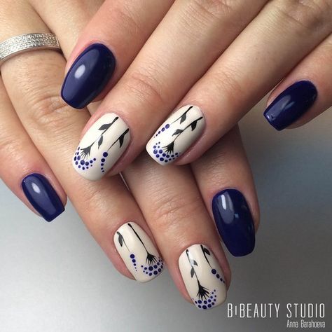 If you like our oak leaf pin & design, can you follow us ? Rock And Roll Nails Ideas, Dark Blue Nails With Flowers, Wildflower Nail Designs, Wildflower Nail Art, Nails With Leaf Design, Blue Nails Flower, Wildflower Nails, Leaf Nail Art, Accent Nail