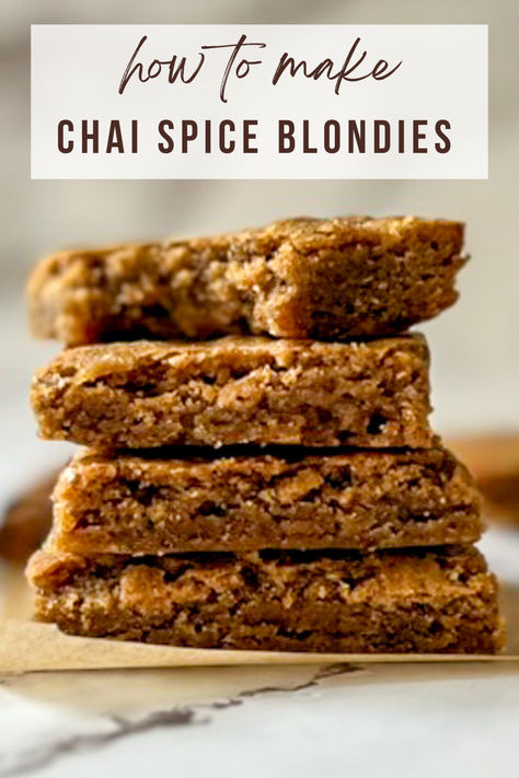 These soft and chewy chai spice blondies are swirling with warm chai spice. Ginger, cardamon, cinnamon, nutmeg, and more make up the traditional chai spice to make this mouthwatering treat. Blondie Ideas, Chai Brownies, Chai Desserts, Chai Frosting, Traditional Chai, Blondies Recipe Easy, Blondies Recipe, Fruit Filling, Chai Spice