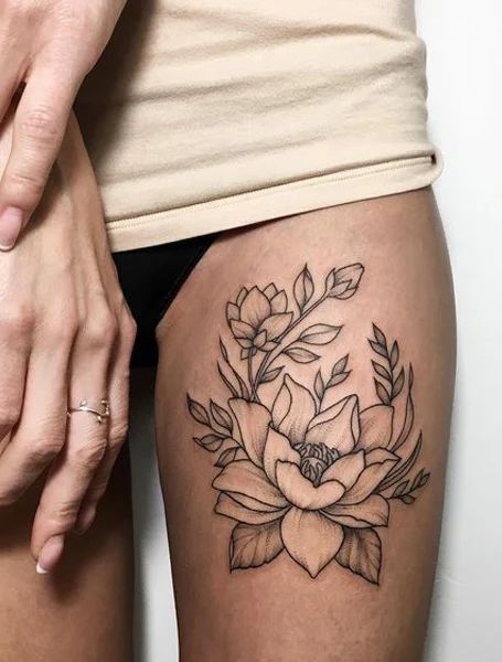 25 Beautiful Lotus Flower Tattoos for Women in 2021 - The Trend Spotter Floral Thigh Piece, Chinese Writing Tattoos, Lotus Flower Tattoo Meaning, Lotusblume Tattoo, Floral Thigh Tattoos, Peacock Tattoo, Thigh Piece, Flower Tattoo Shoulder, Writing Tattoos