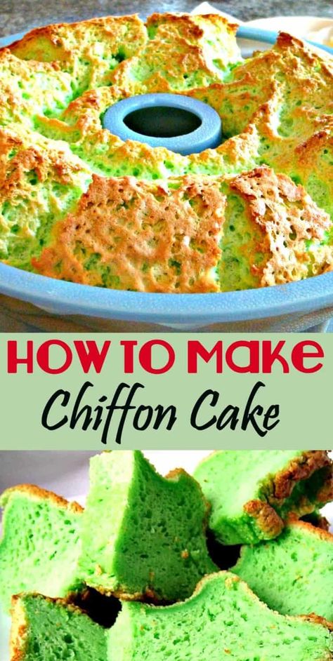 How To Make A Chiffon Cake. Here I made a Pandan flavour cake which gives a wonderful green color, you can of course choose any flavor. Easy step by step instructions to give you perfect results for this soft and fluffy cake. Really delicious! Hmong Food, Pandan Chiffon Cake, Pandan Cake, Asian Dessert, Asian Recipe, Fluffy Cake, Angel Cake, Chinese Recipes, Asian Desserts