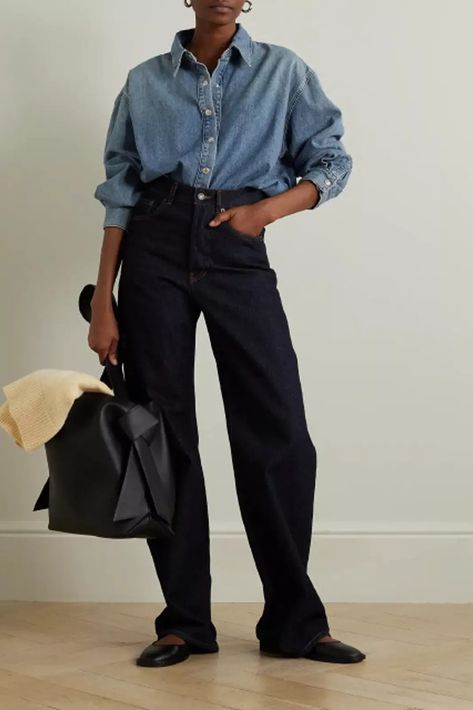 Denim Shirts | SheerLuxe Denim Shirt Outfit 2024, Jean Shirts Women Outfits, Denim On Denim Outfits For Women, Denim Shirt Street Style, Denim Button Up Shirt Outfit, Denim Shirt Outfit, Look Jean, Black Jeans Outfit, Daily Fashion Inspiration